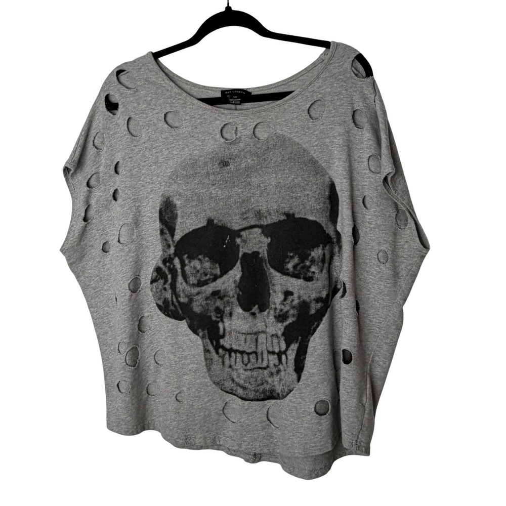 QED London Sweat Top Skull Graphic Distressed Laser Cut Top Gray S/M Punk Grunge